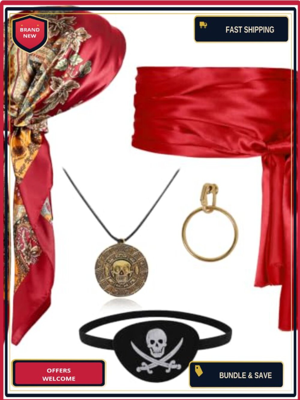 5-Piece Pirate Costume Accessory Set Bandana Sash Eye Patch Polyester